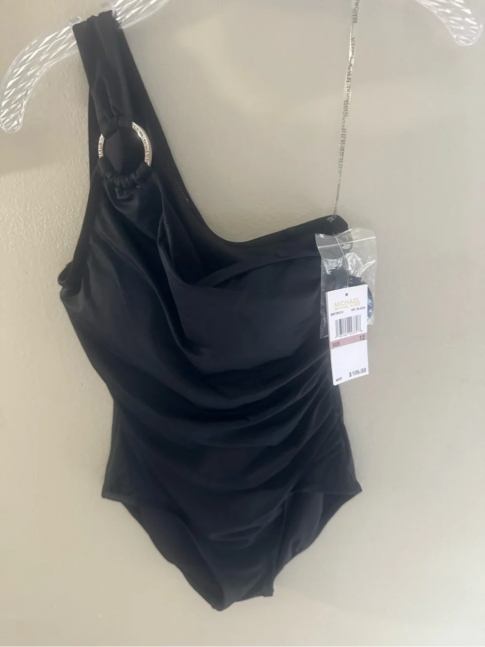 Michael Kors Black One-Shoulder Swimsuit with Ring Accent